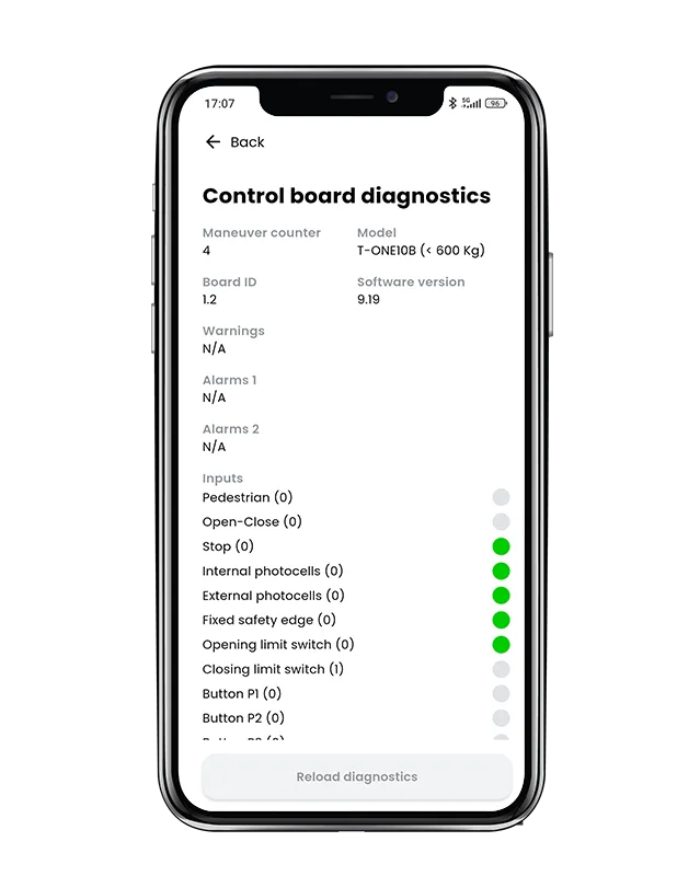 TauApp 2.0: screen of a Control board diagnostics